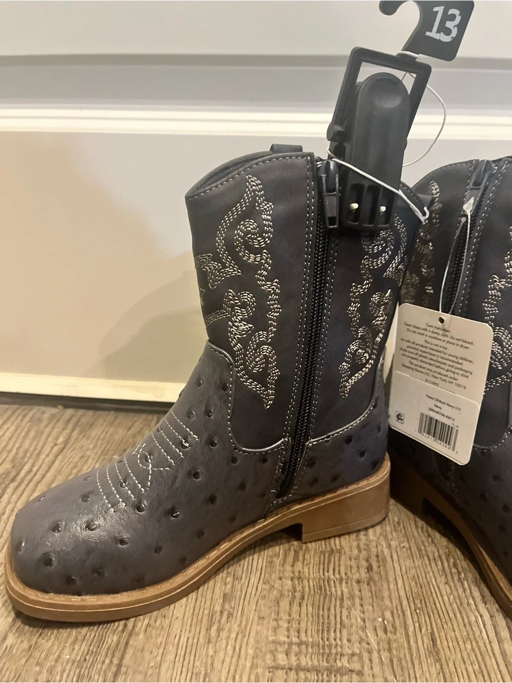 Pawz Navy Western Kids' Cowboy Boot with Embroidered Shaft size 9, 13